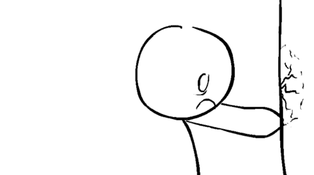 An animation of a cartoon stick figure banging his head against a cracking wall