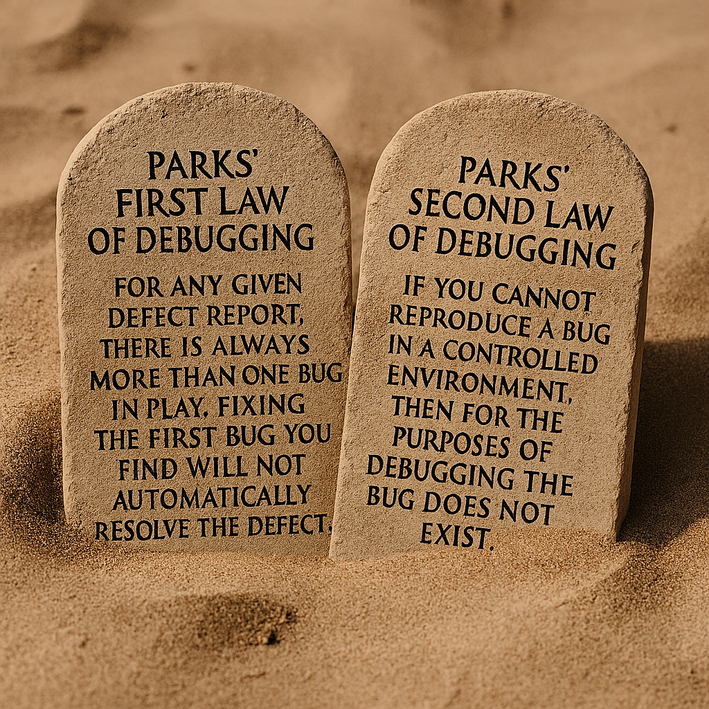 Two stone tablets sitting upright in the desert sand, engraved with the Parks' laws of debugging