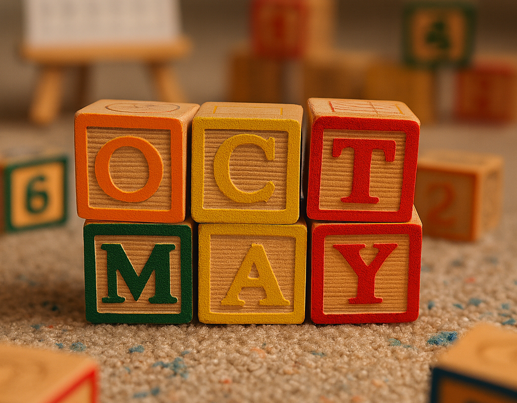 Toy blocks spelling OCT and MAY